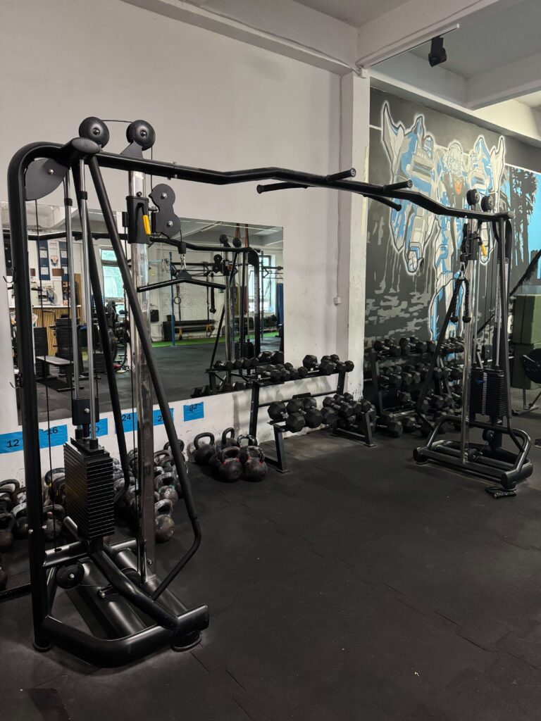 Sprzęt do treningu siłowego w siłowni: wyciąg, kettlebells i hantle jednorącz