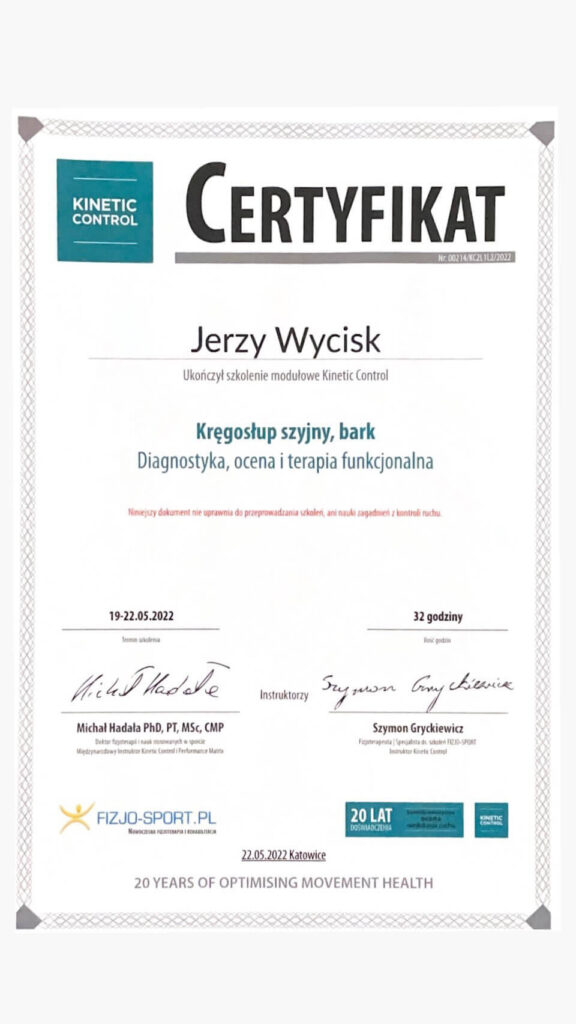 Certyfikat szkolenia Kinetic Control: ocena i terapia funkcjonalna kręgosłupa szyjnego i barku