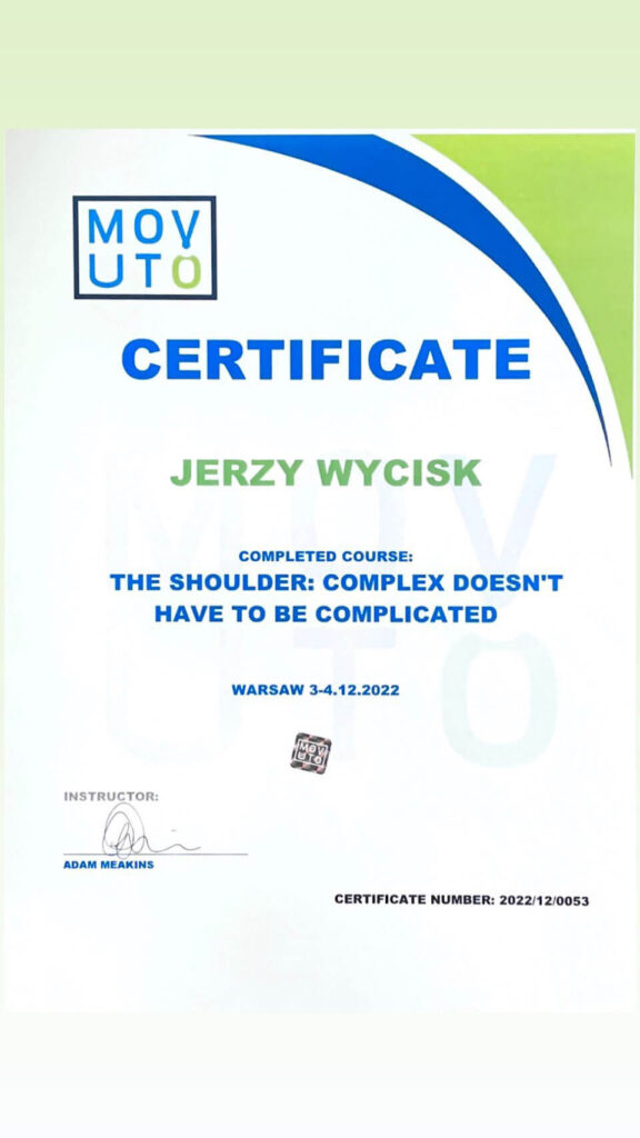 ertyfikat kursu dotyczącego kompleksowej terapii barku